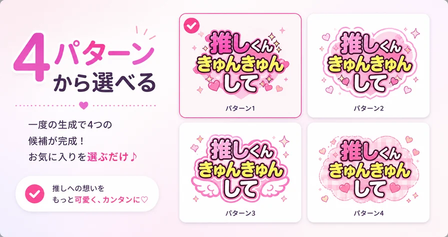 AI生成した4パターンのうちわ候補から選ぶ流れ