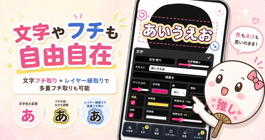 文字やフチを自由に編集できるうちわ作成画面のイメージ