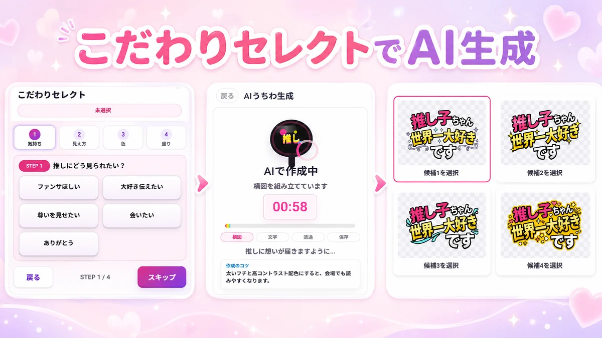 こだわりセレクトでAIうちわ文字を生成する流れ