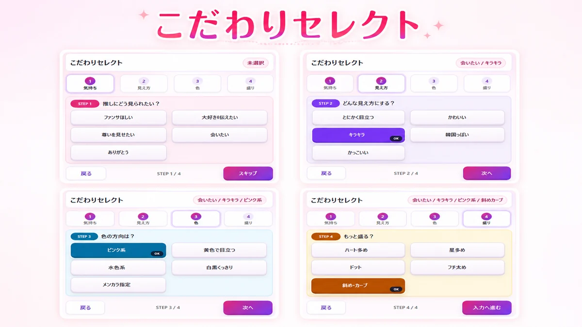 こだわりセレクトでフォントや色などの好みを選ぶ画面