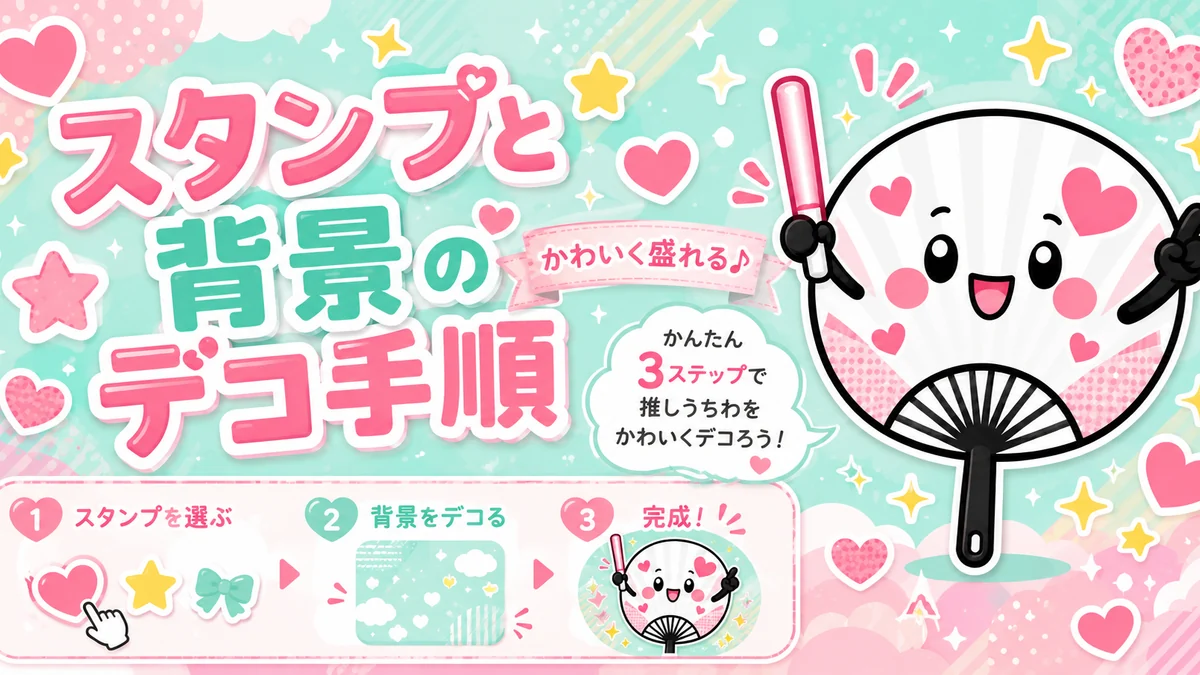 スタンプと背景でうちわをデコレーションする手順のアイキャッチ画像